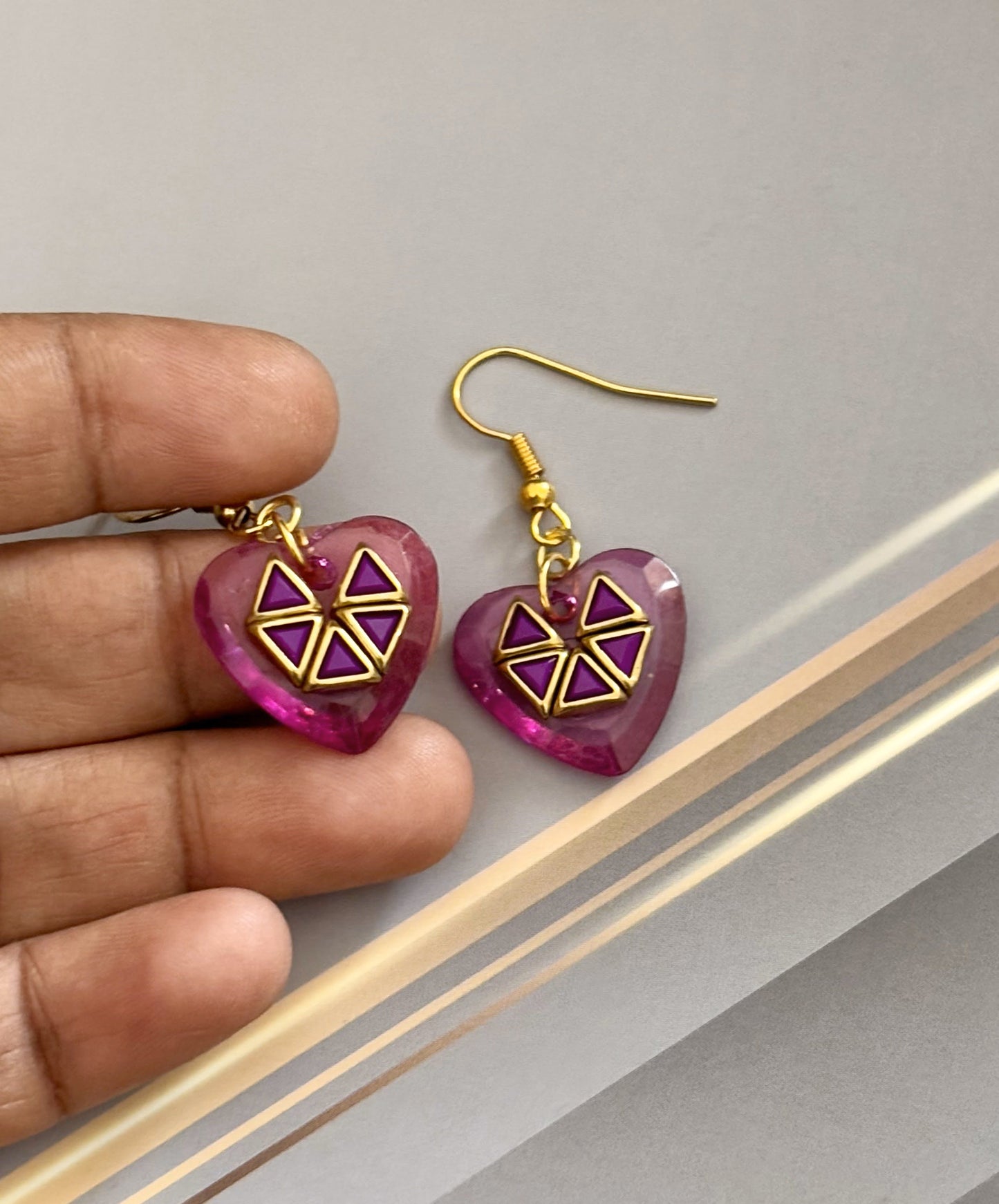 Handmade Pink Heart Hexagon Design Kundan Earrings