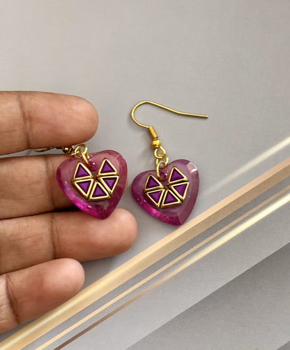 Handmade Pink Heart Hexagon Design Kundan Earrings