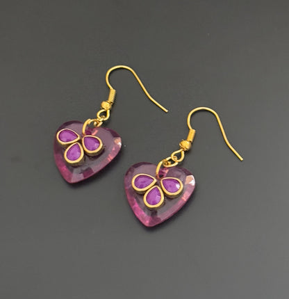 Handmade Pink Heart Earrings with Purple Kundan Stones