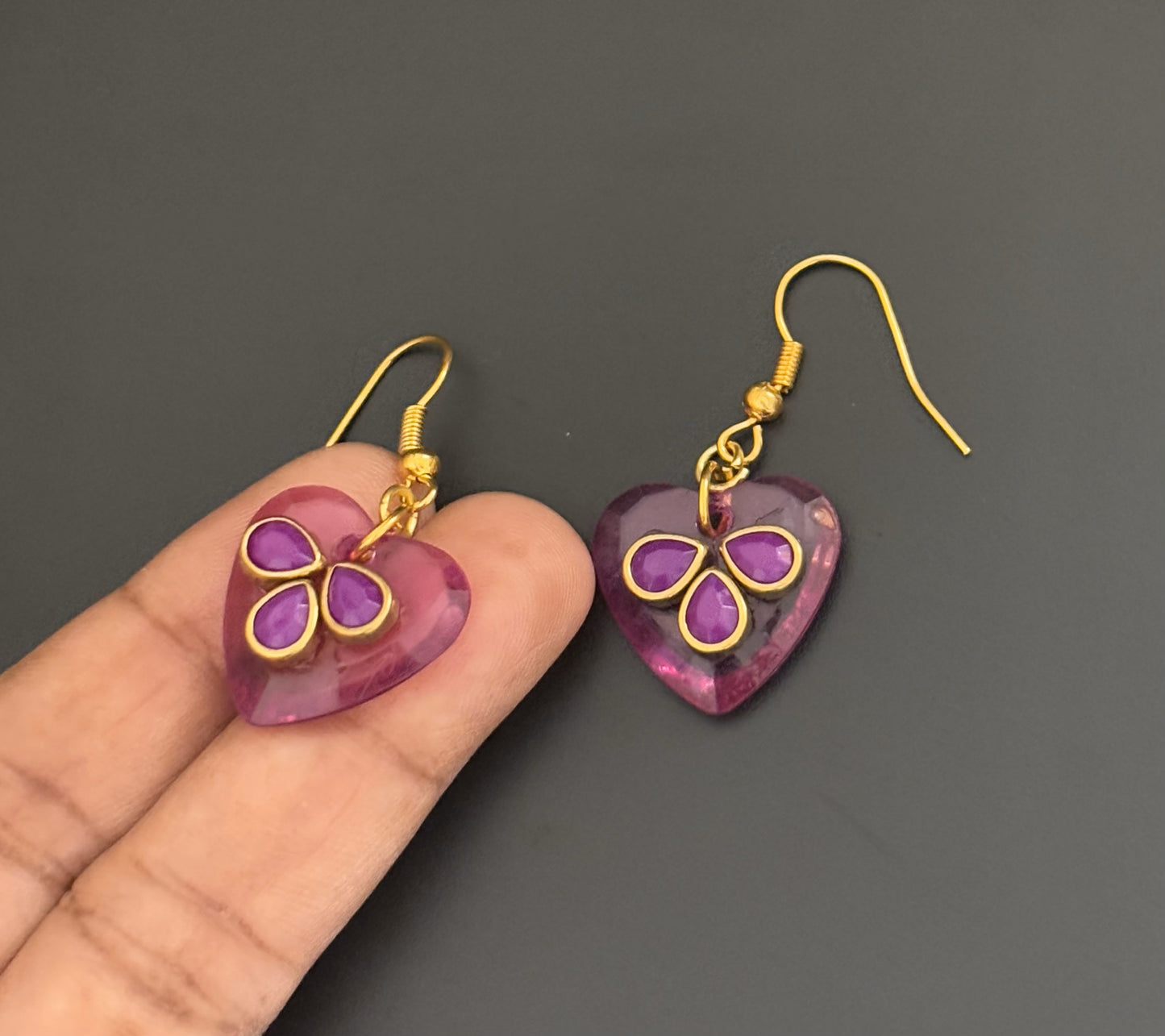 Handmade Pink Heart Earrings with Purple Kundan Stones
