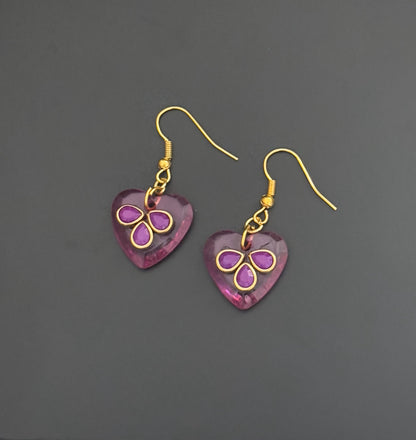 Handmade Pink Heart Earrings with Purple Kundan Stones