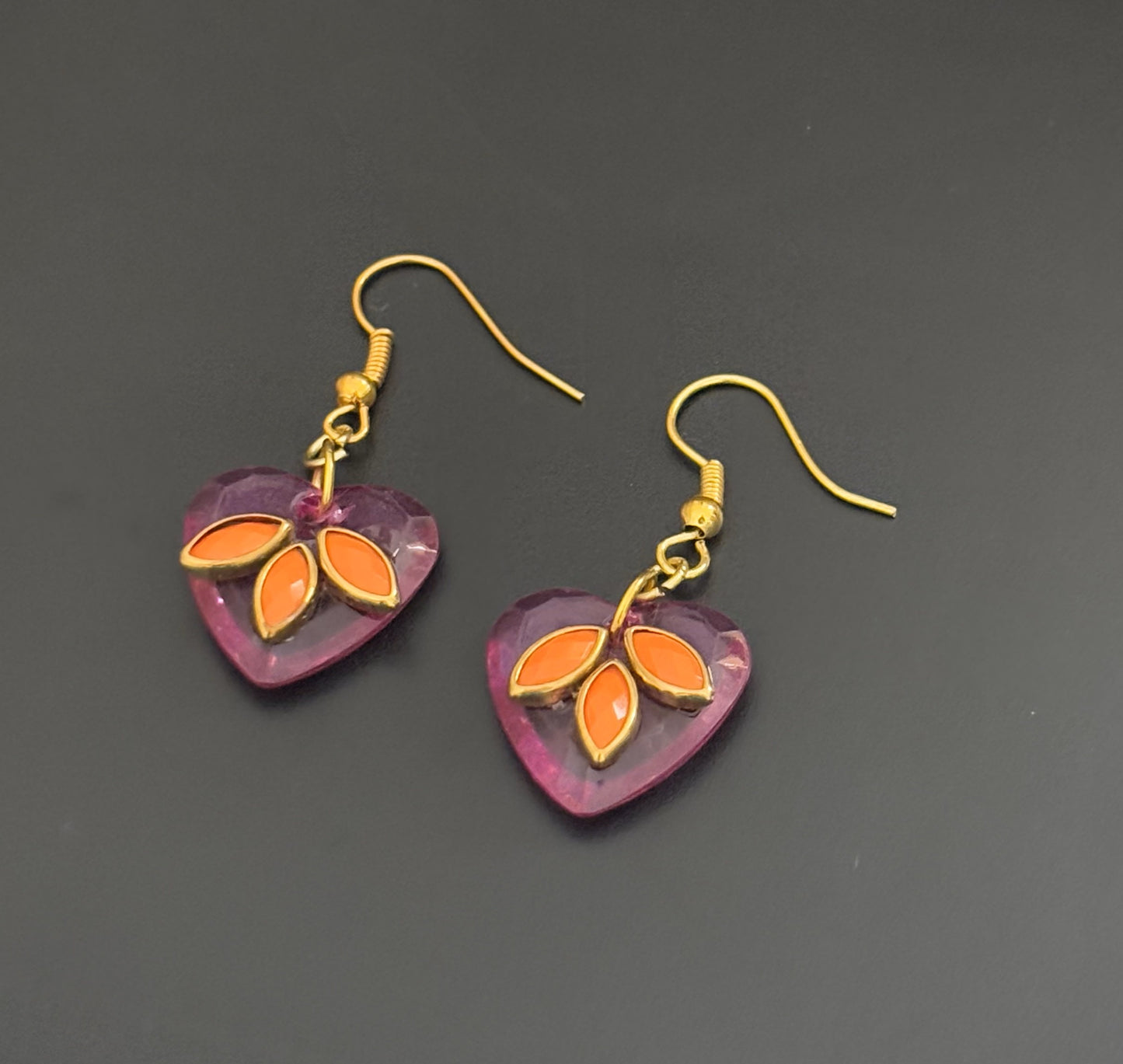 Pink Heart Earrings with Orange Kundan Leaf Design