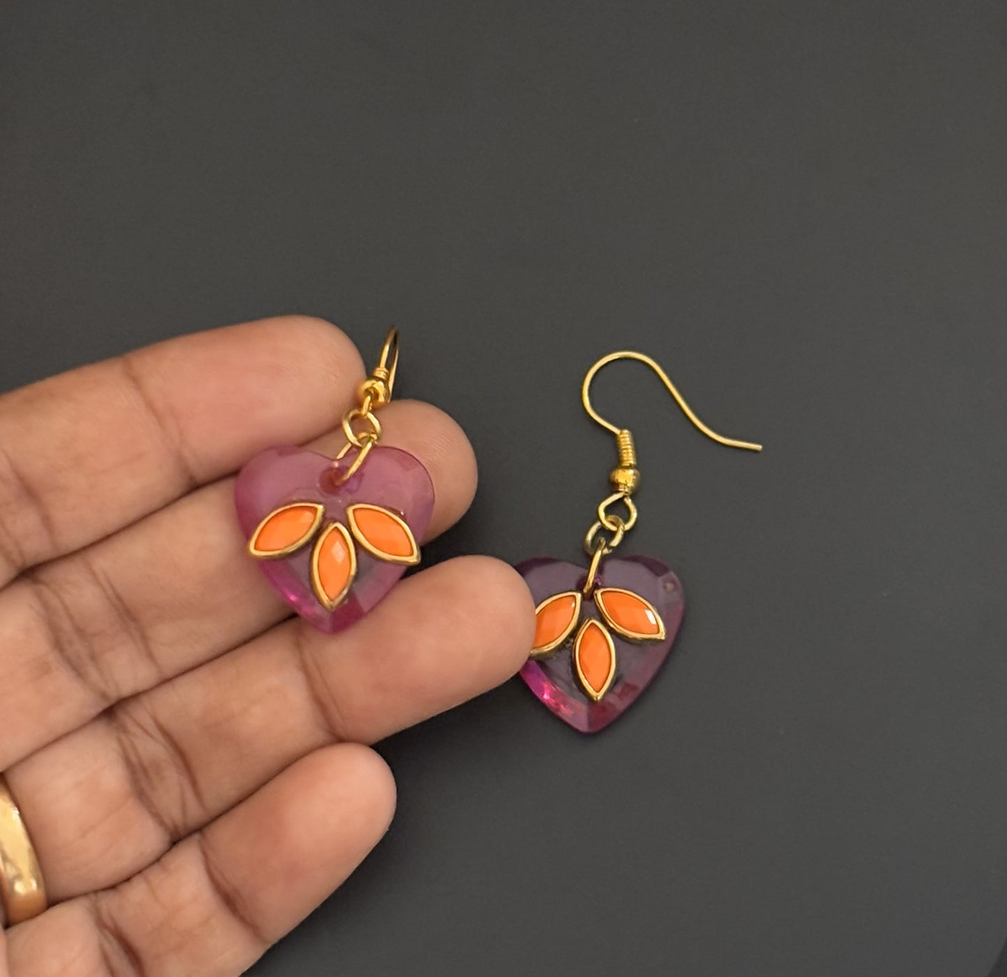 Pink Heart Earrings with Orange Kundan Leaf Design