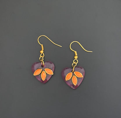 Pink Heart Earrings with Orange Kundan Leaf Design