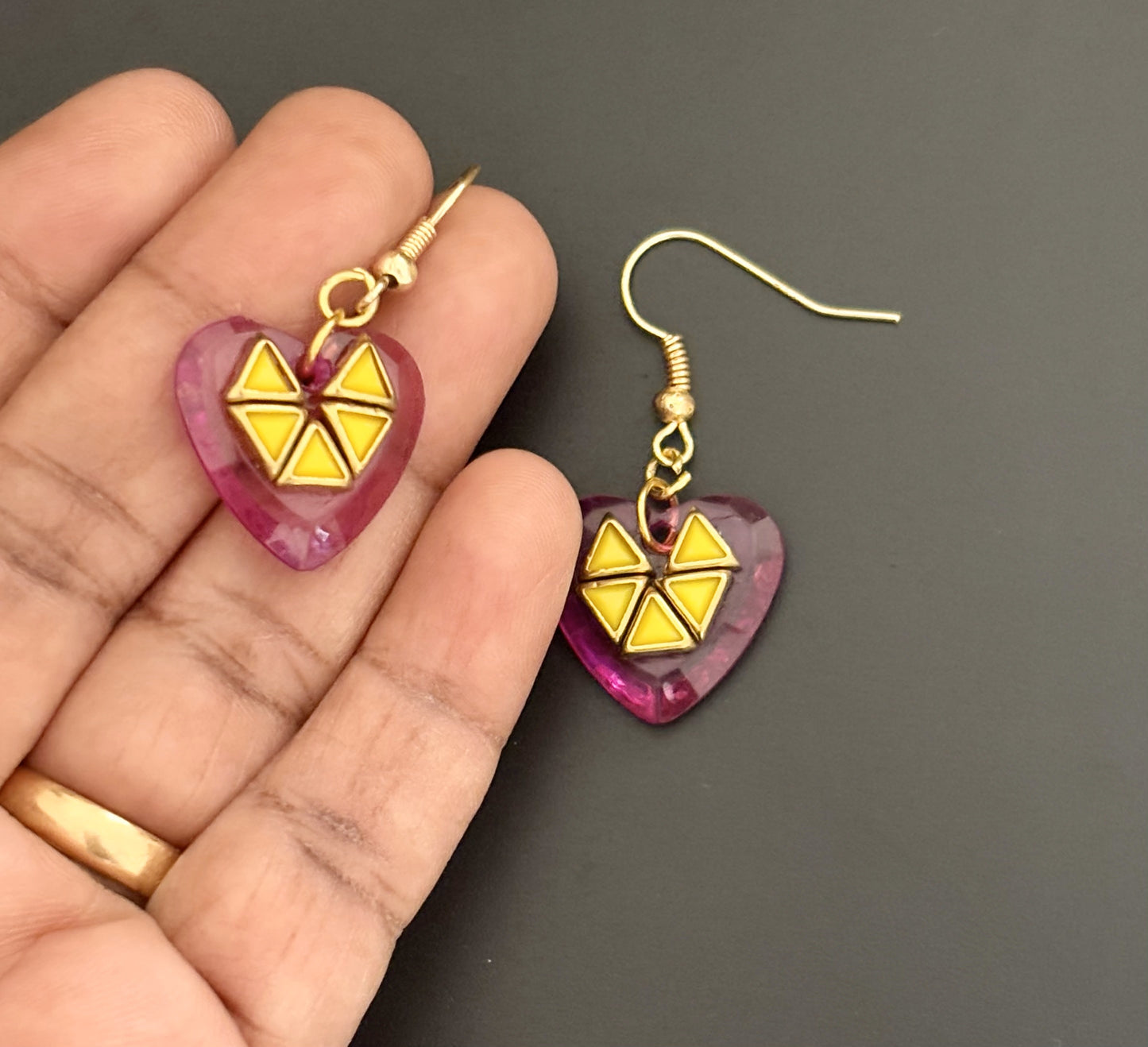 Handmade Pink Heart Kundan Earrings with Yellow Geometric Design