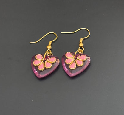 Pink Heart Earrings with Pink Flower Kundan Design