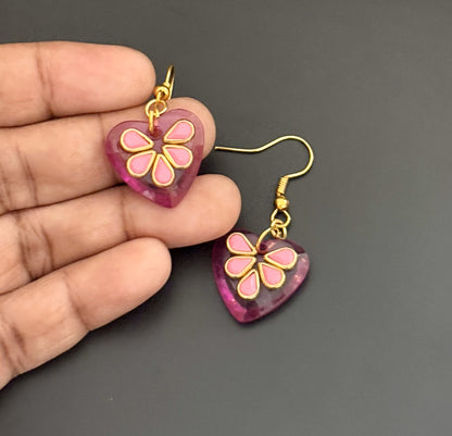 Pink Heart Earrings with Pink Flower Kundan Design