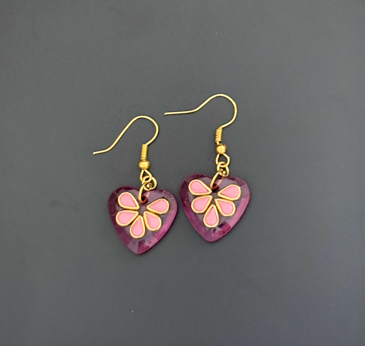 Pink Heart Earrings with Pink Flower Kundan Design