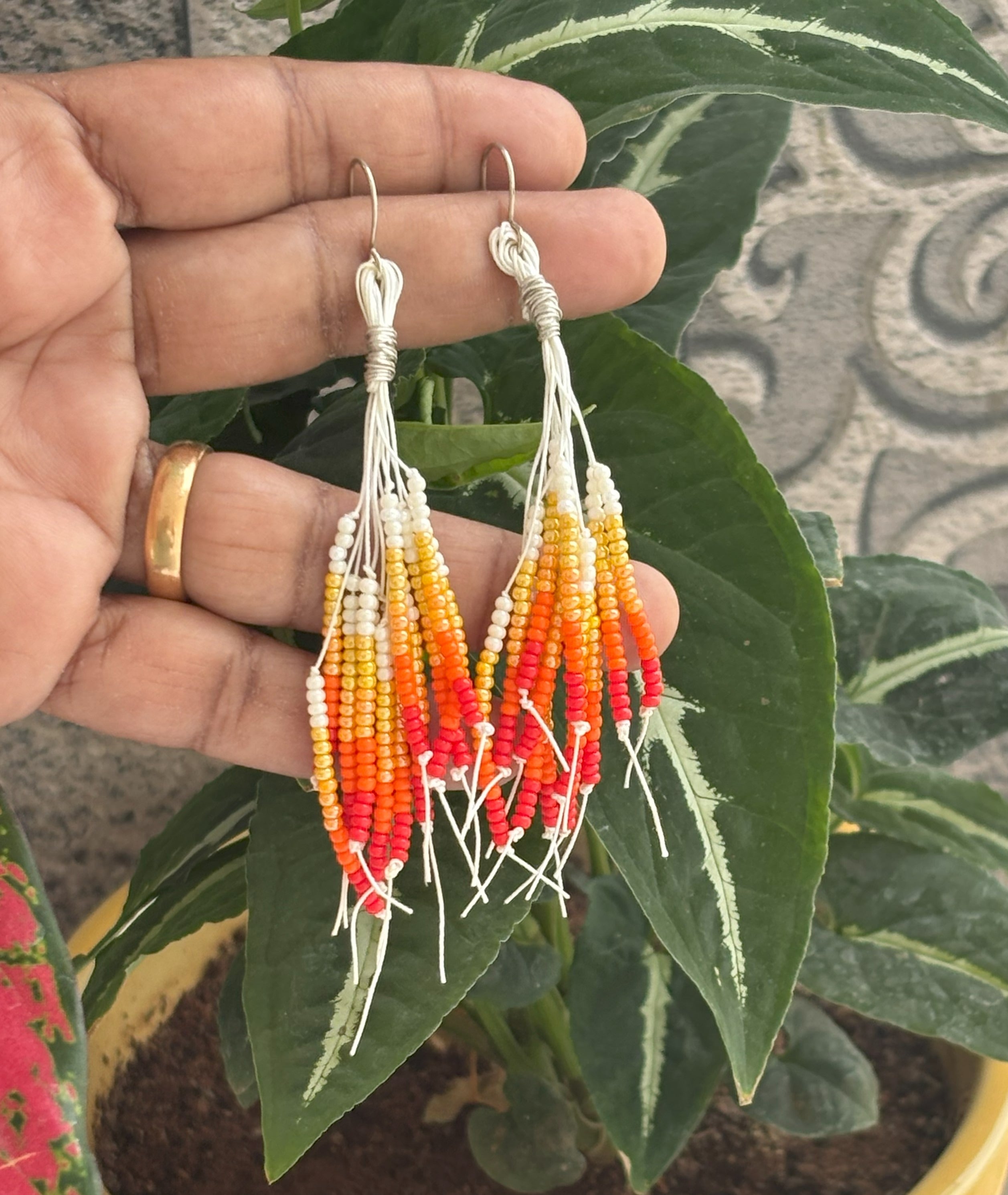 Handmade Orange and White Beaded Tassel Earrings