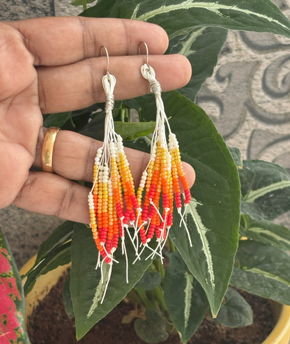 Handmade Orange and White Beaded Tassel Earrings