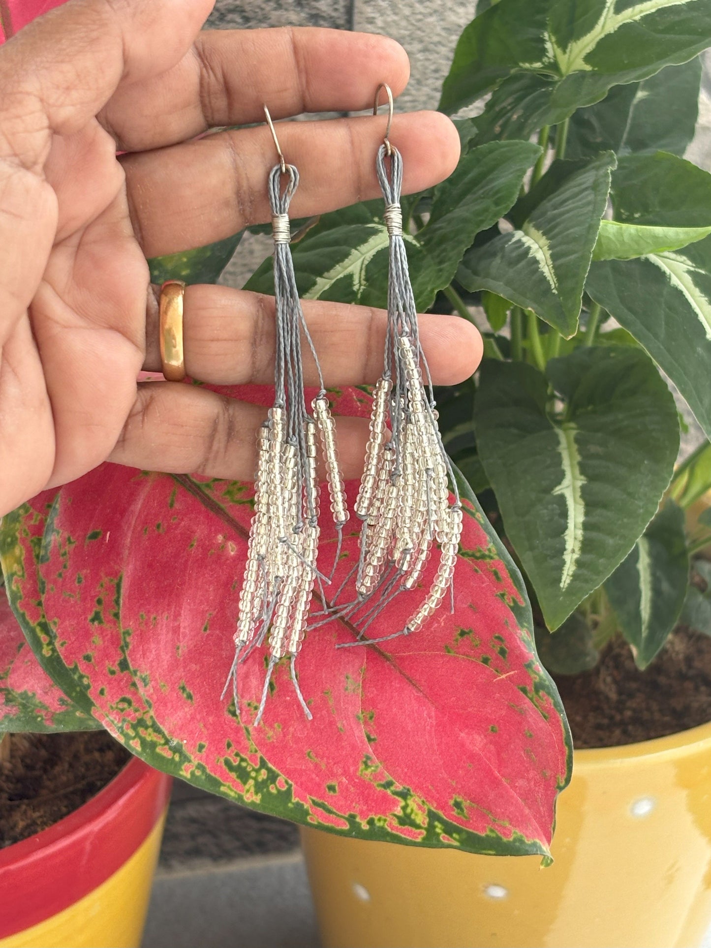 Handmade Silver and Gray Beaded Tassel Earrings