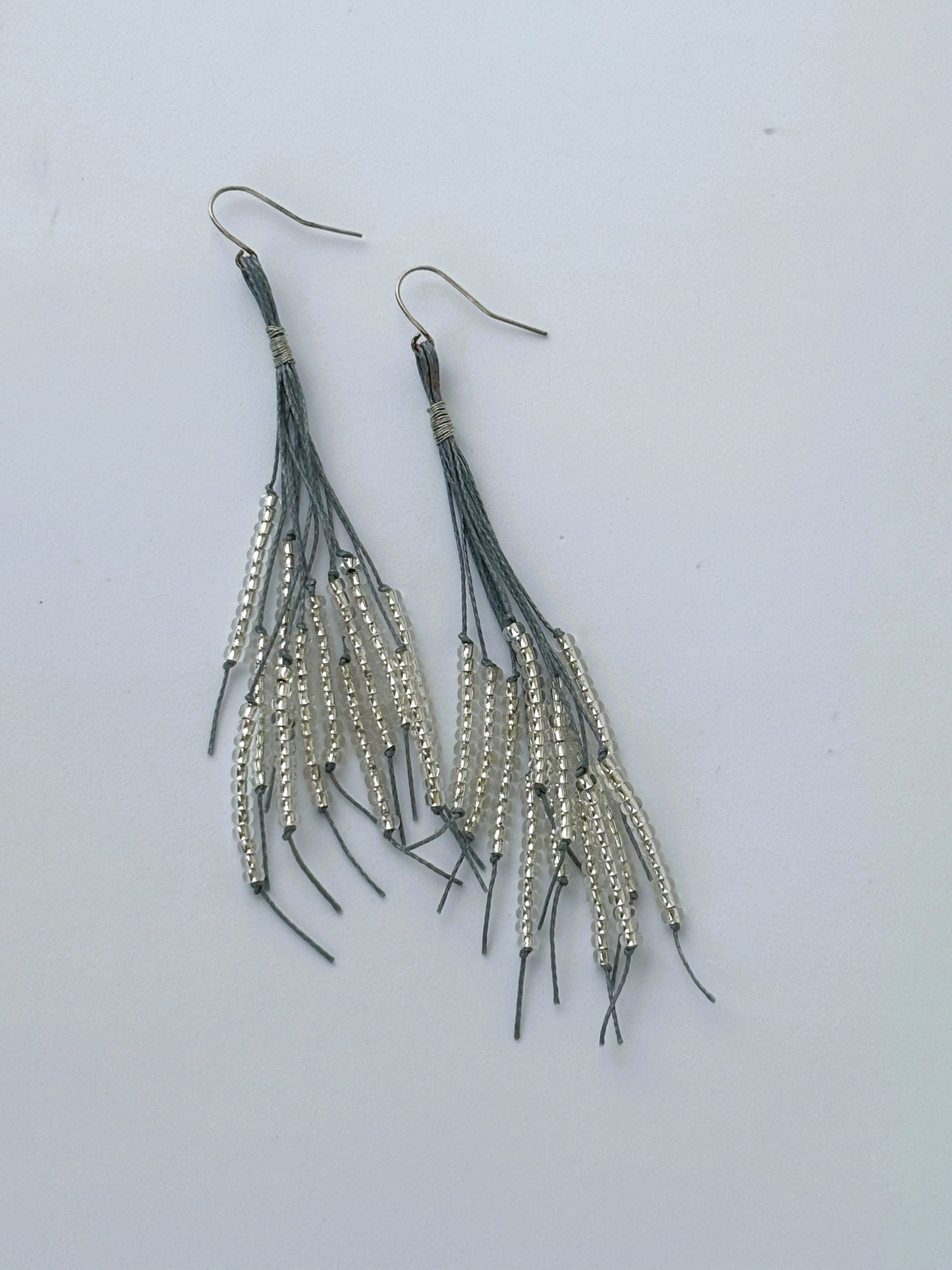 Handmade Silver and Gray Beaded Tassel Earrings