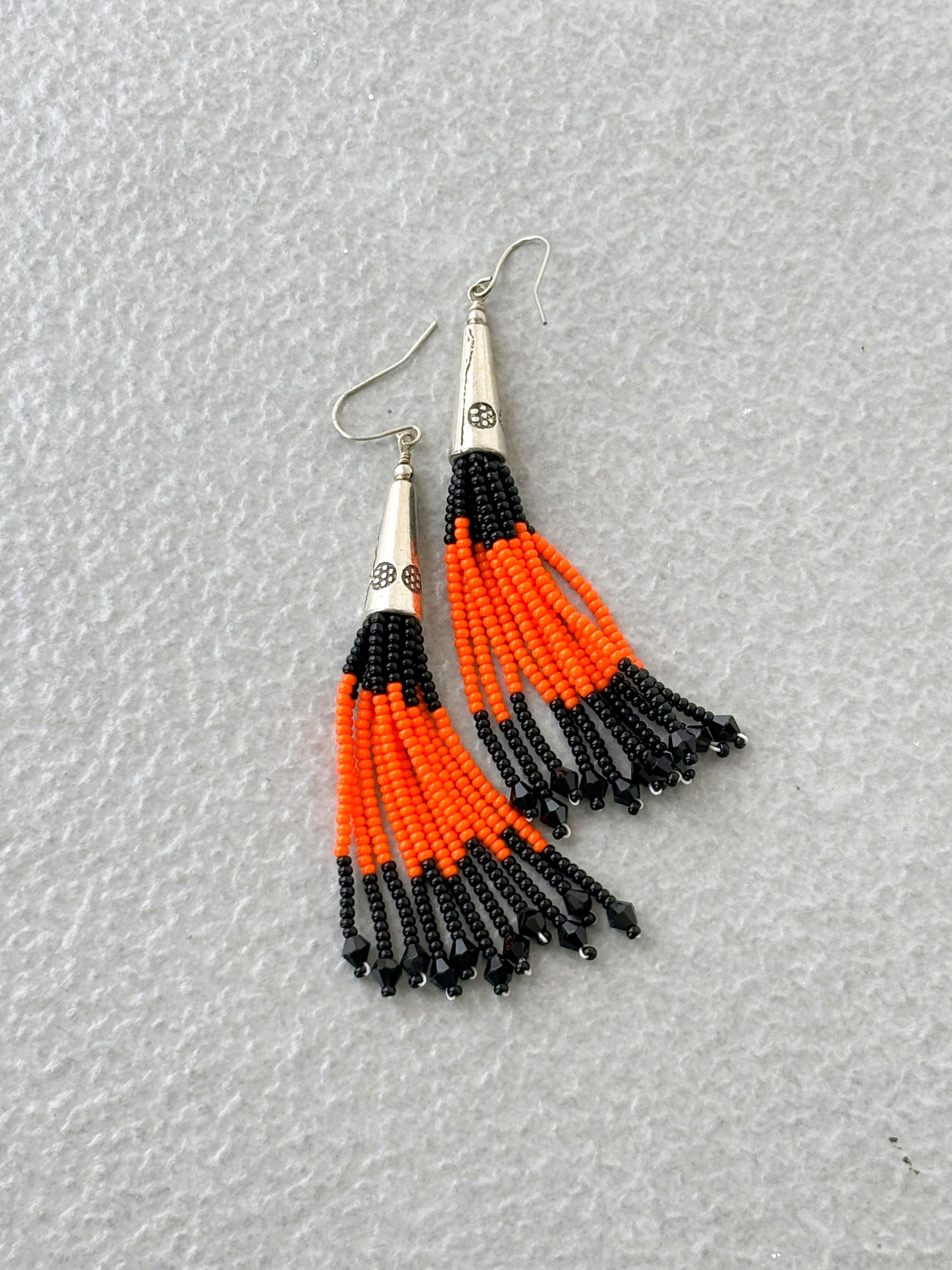 Handmade Orange and Black Beaded Tassel Earrings