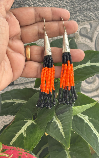 Handmade Orange and Black Beaded Tassel Earrings