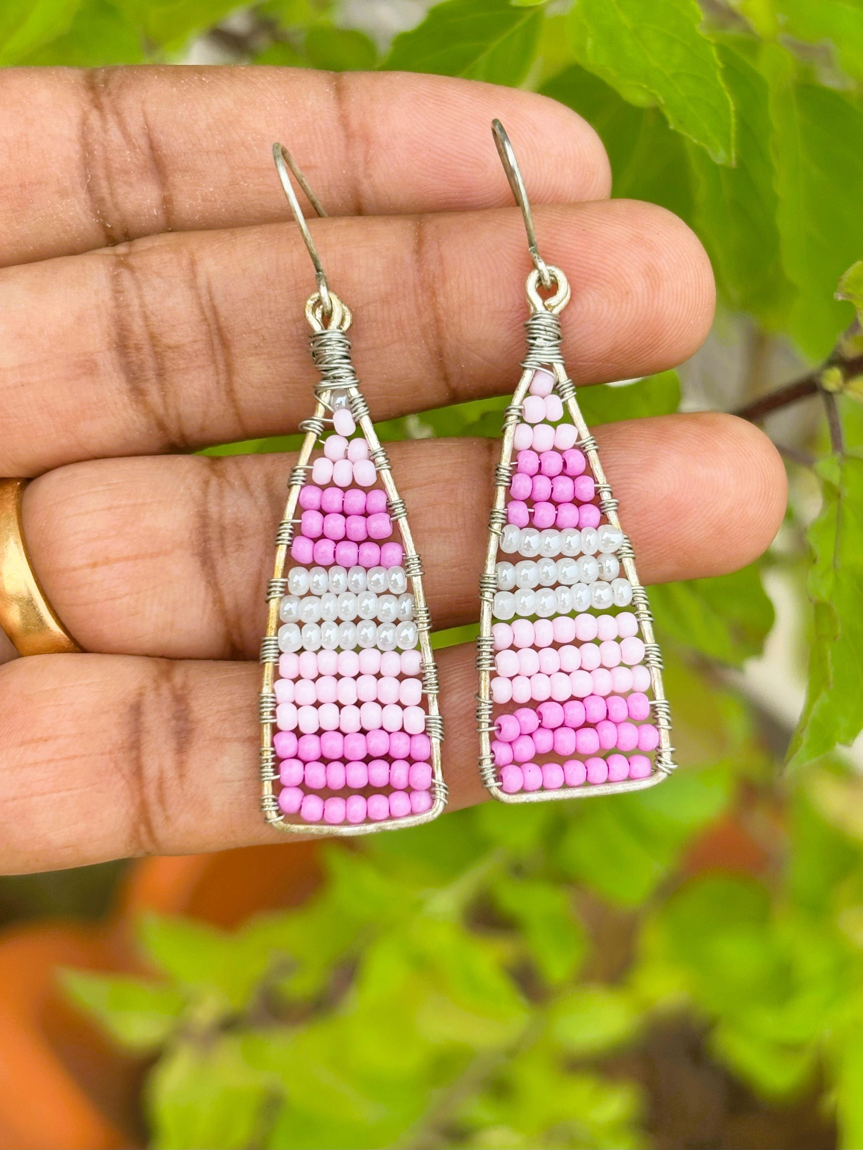 Handmade Pink and White Beaded Triangle Earrings