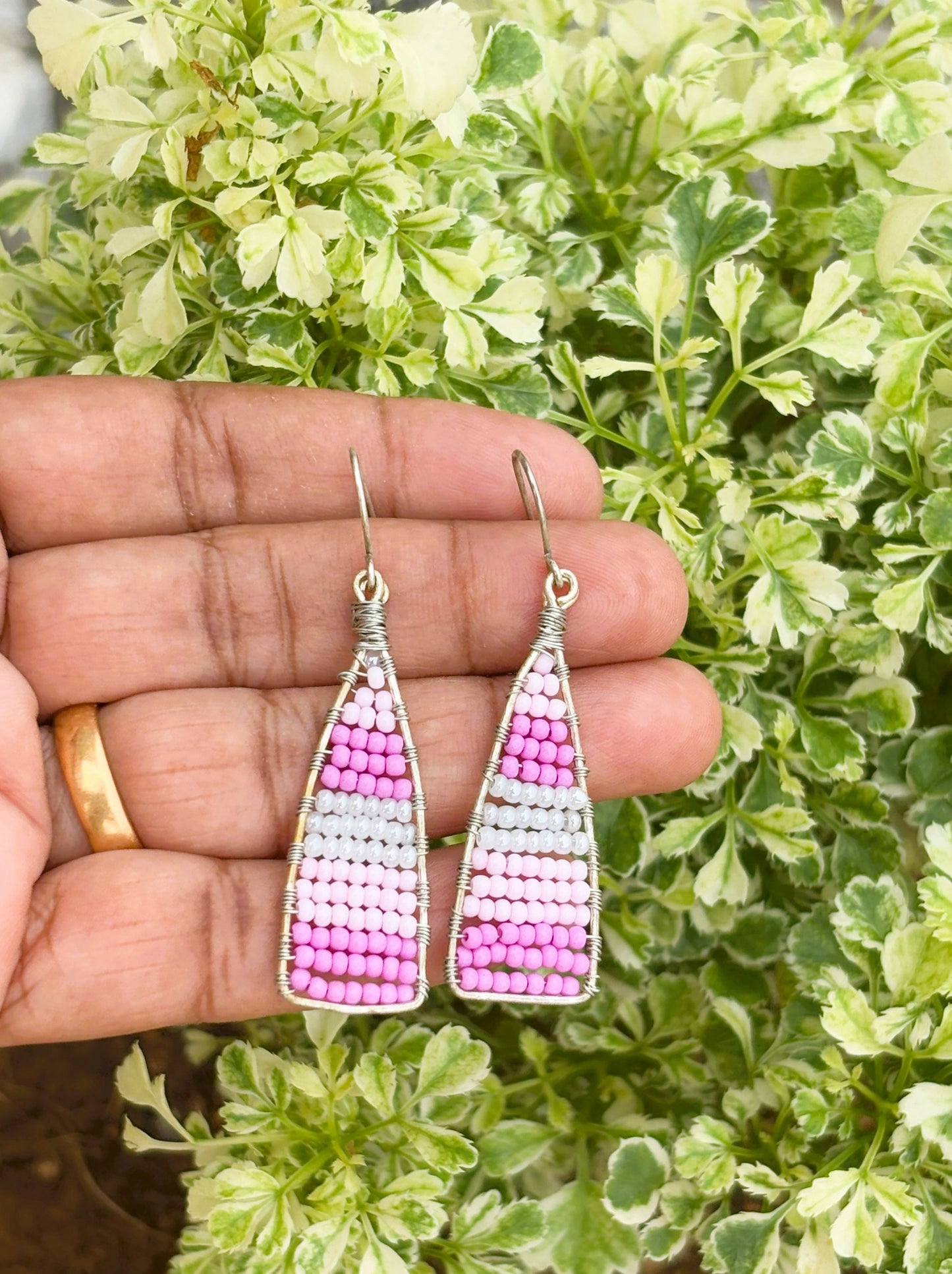 Handmade Pink and White Beaded Triangle Earrings