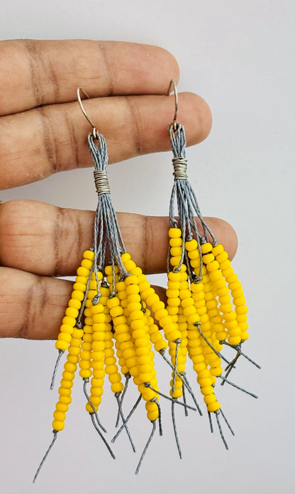 Handmade Yellow Beaded Tassel Earrings