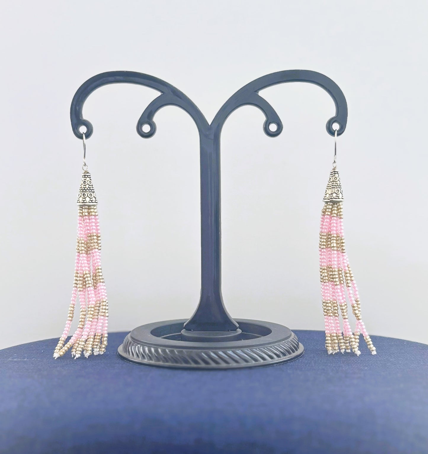 Handmade Baby Pink and Silver Beaded Tassel Earrings