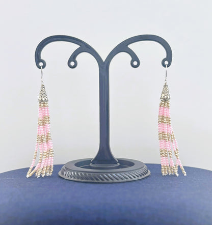 Handmade Baby Pink and Silver Beaded Tassel Earrings