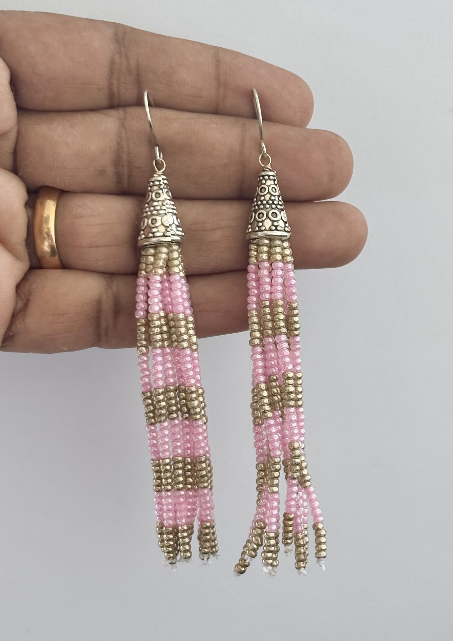 Handmade Baby Pink and Silver Beaded Tassel Earrings