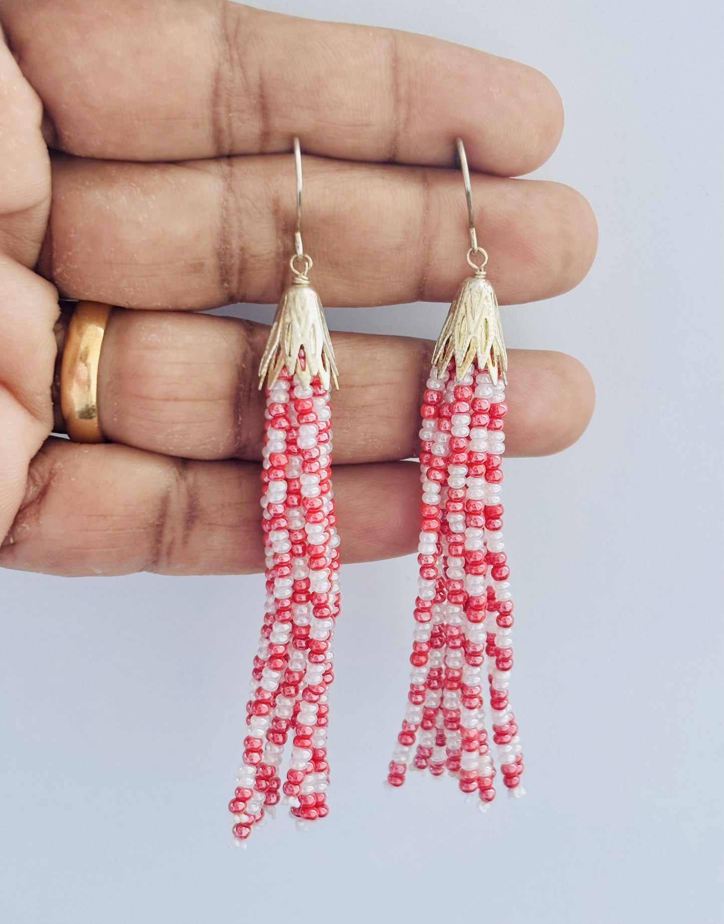 Handmade Red and White Checkered Tassel Earrings