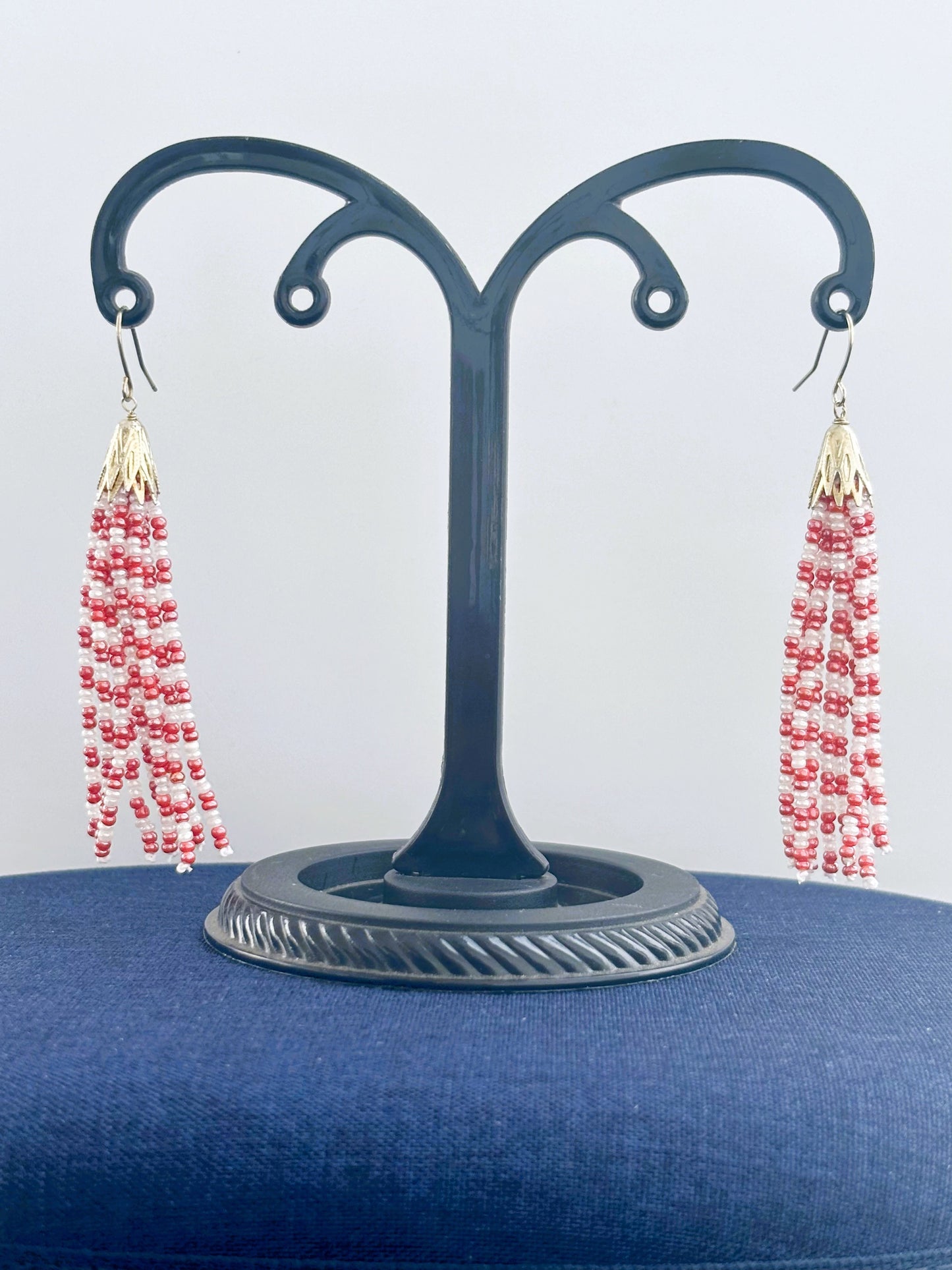 Handmade Red and White Checkered Tassel Earrings