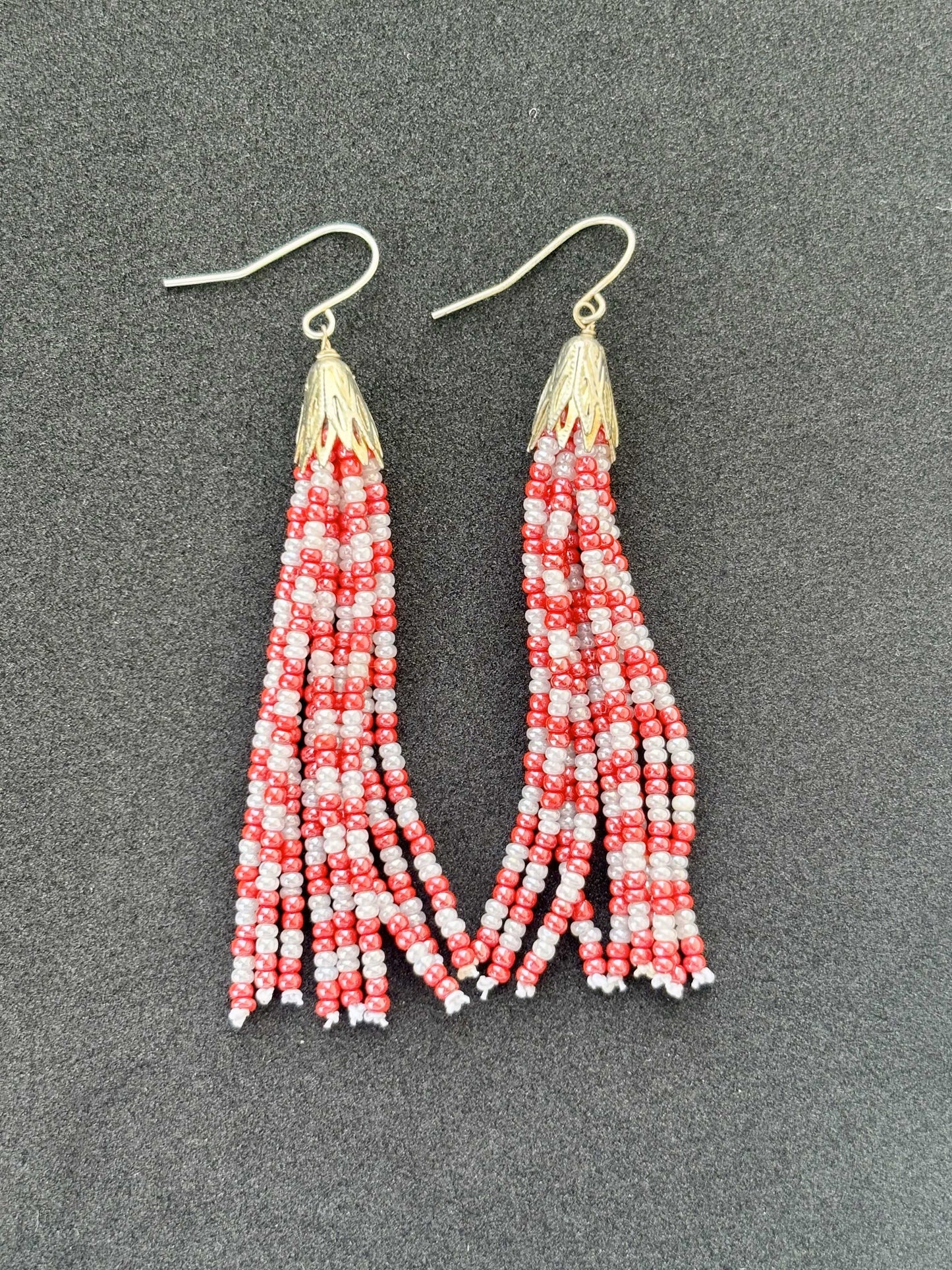 Handmade Red and White Checkered Tassel Earrings