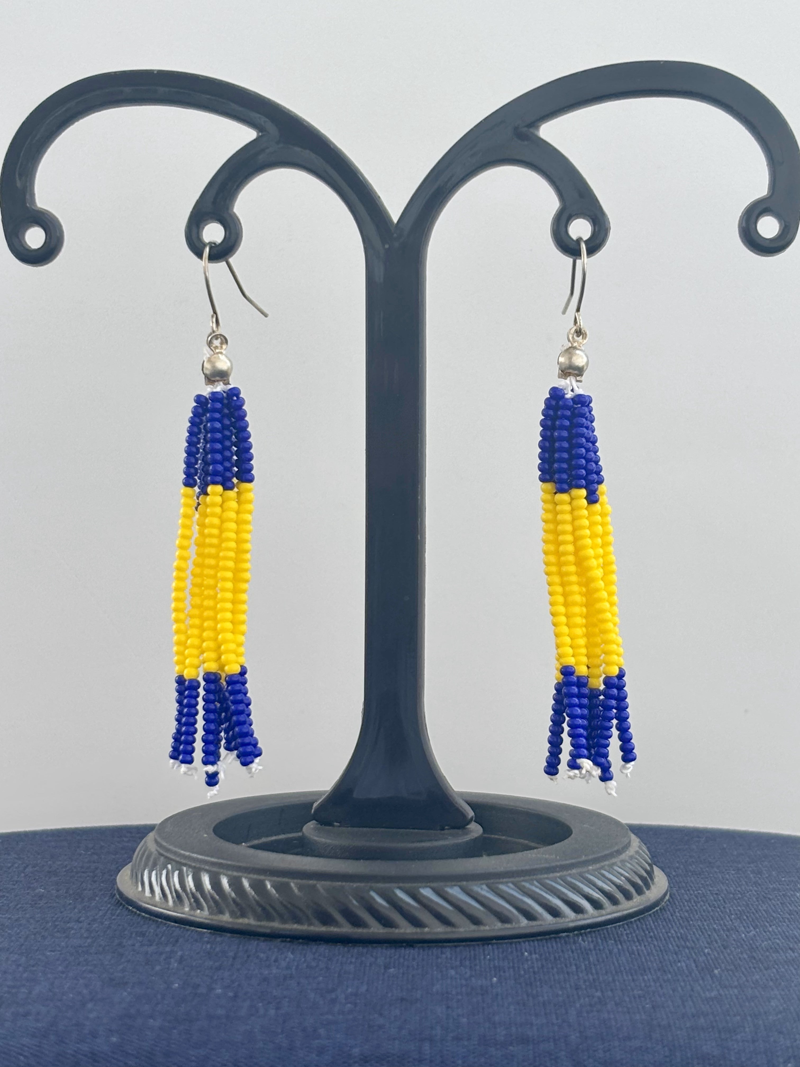 Handmade Blue and Yellow Beaded Tassel Earrings