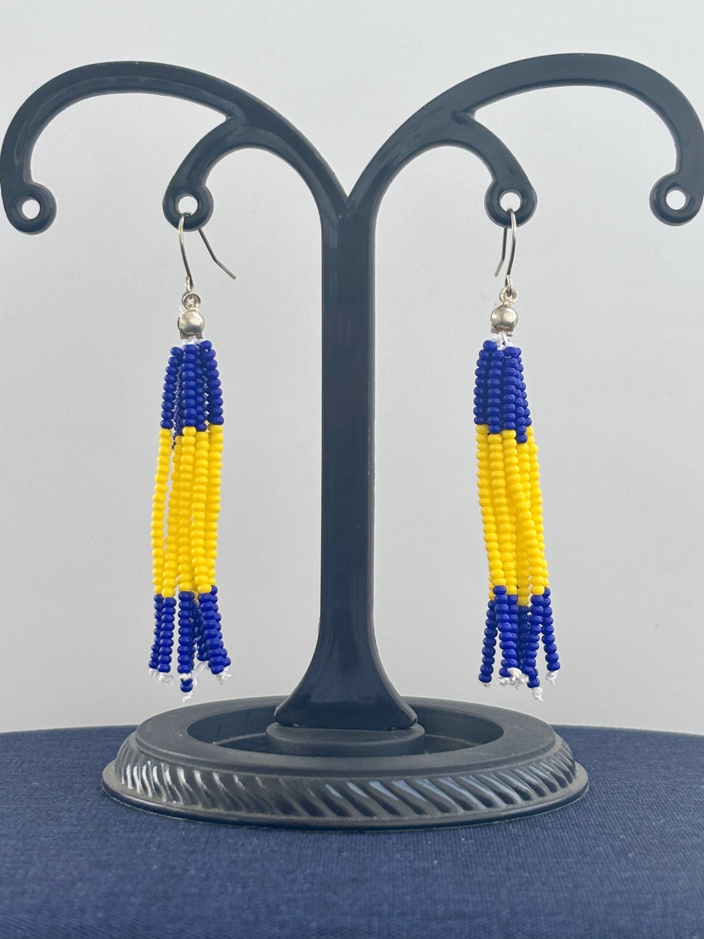 Handmade Blue and Yellow Beaded Tassel Earrings