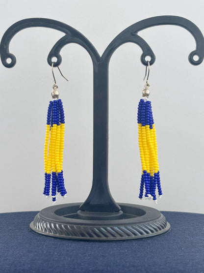 Handmade Blue and Yellow Beaded Tassel Earrings