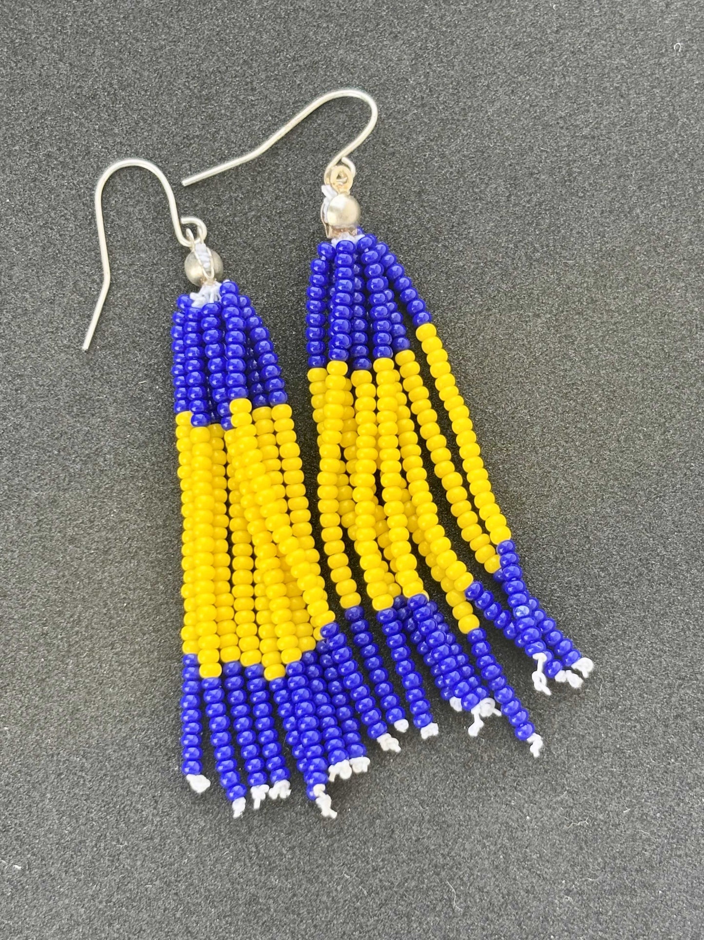 Handmade Blue and Yellow Beaded Tassel Earrings