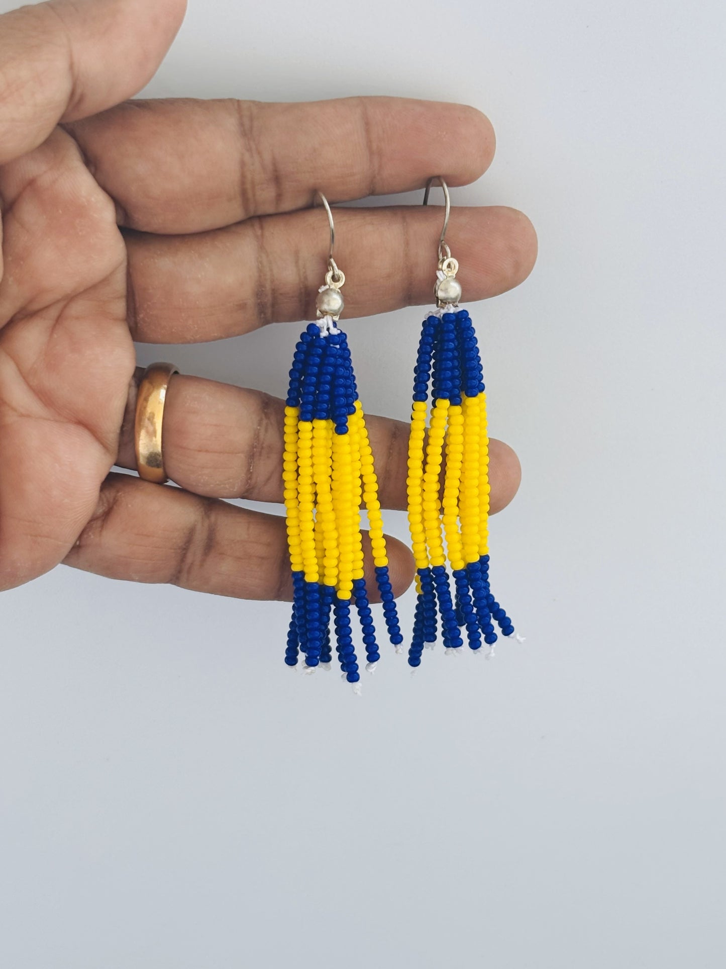 Handmade Blue and Yellow Beaded Tassel Earrings