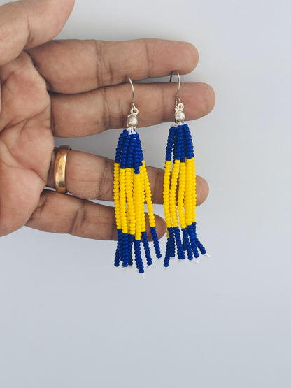 Handmade Blue and Yellow Beaded Tassel Earrings