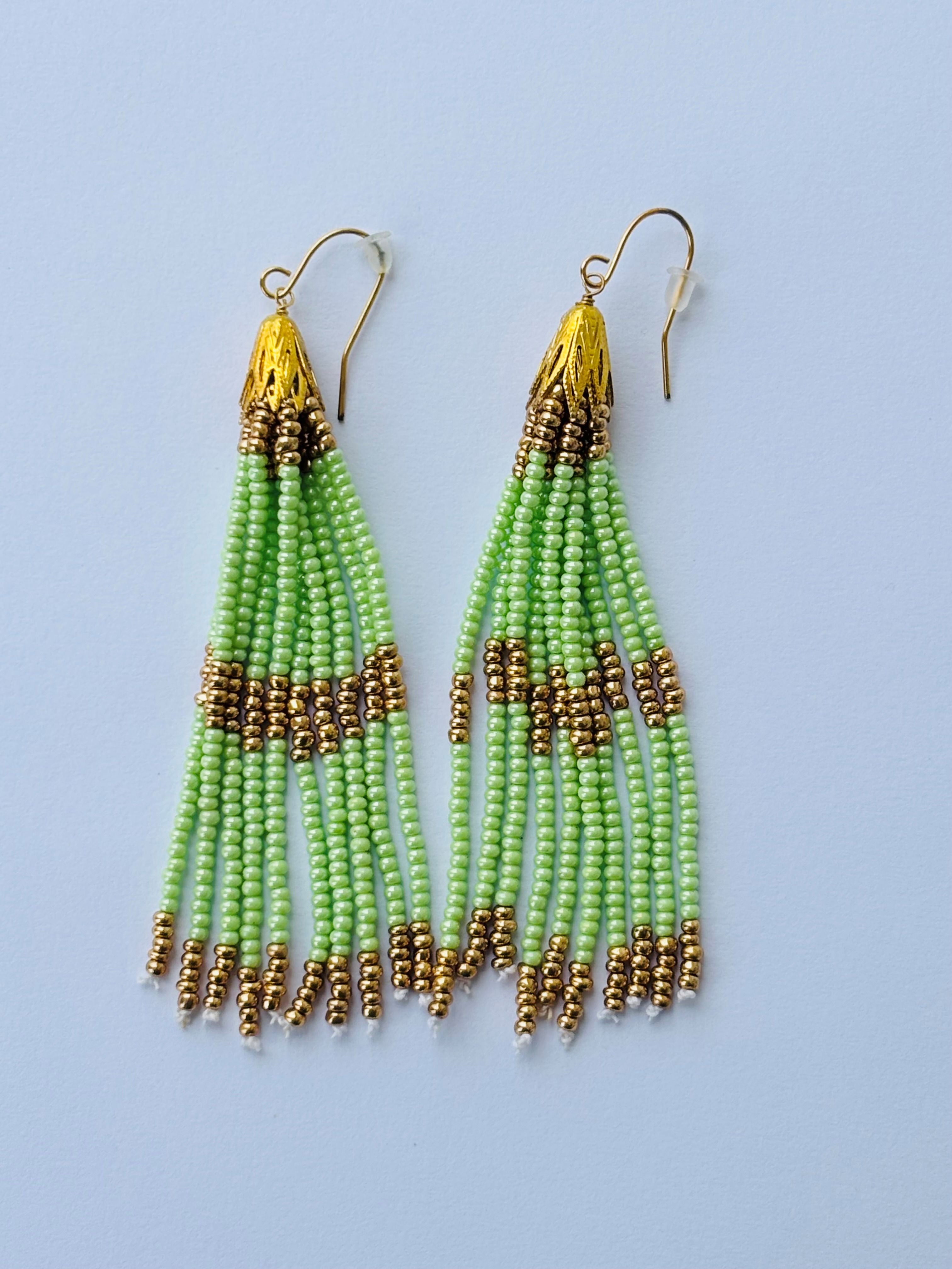 Handmade Green and Gold Beaded Tassel Earrings