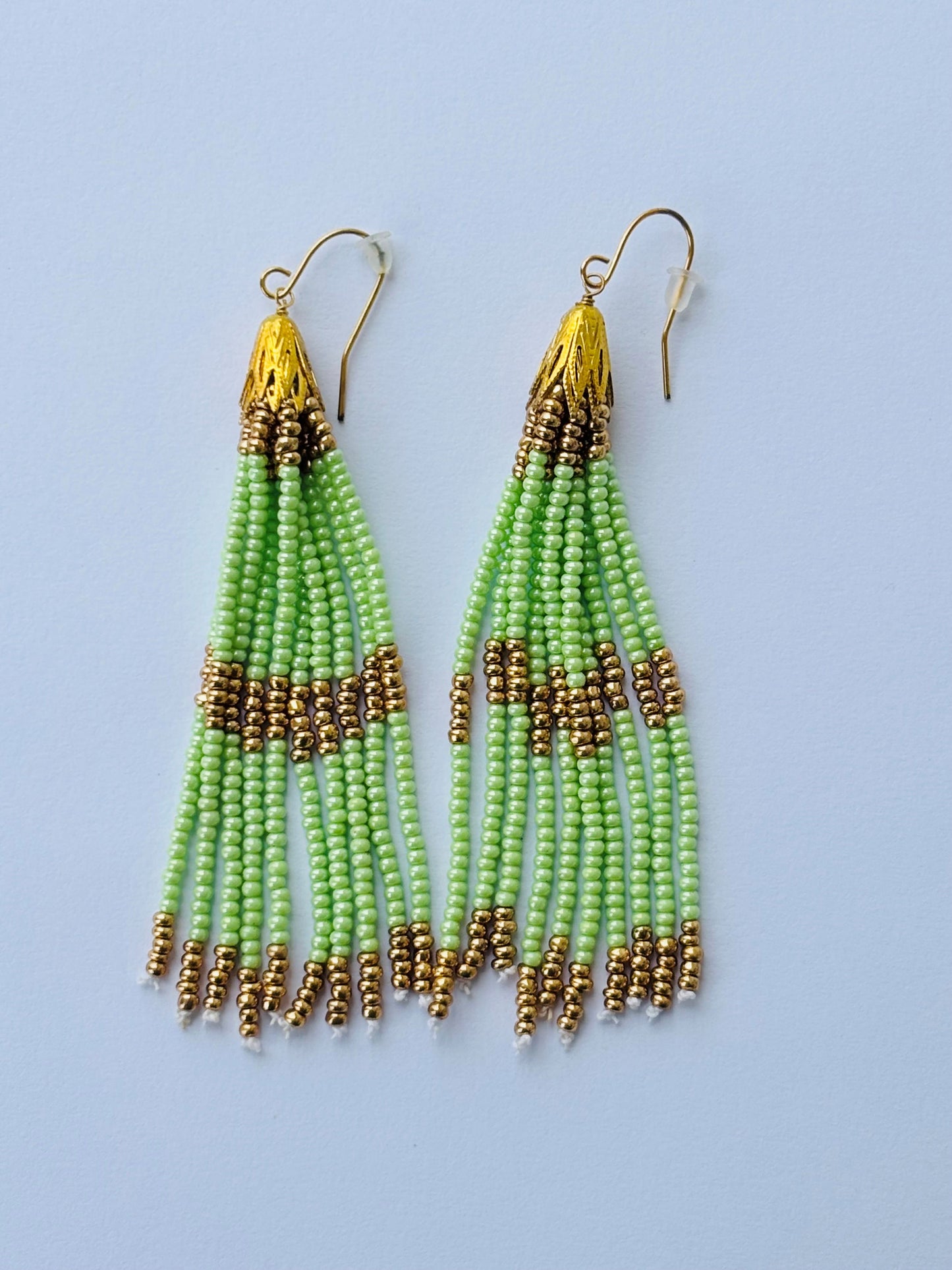 Handmade Green and Gold Beaded Tassel Earrings