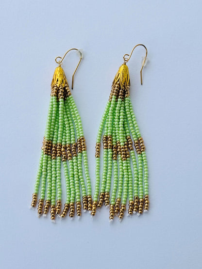 Handmade Green and Gold Beaded Tassel Earrings