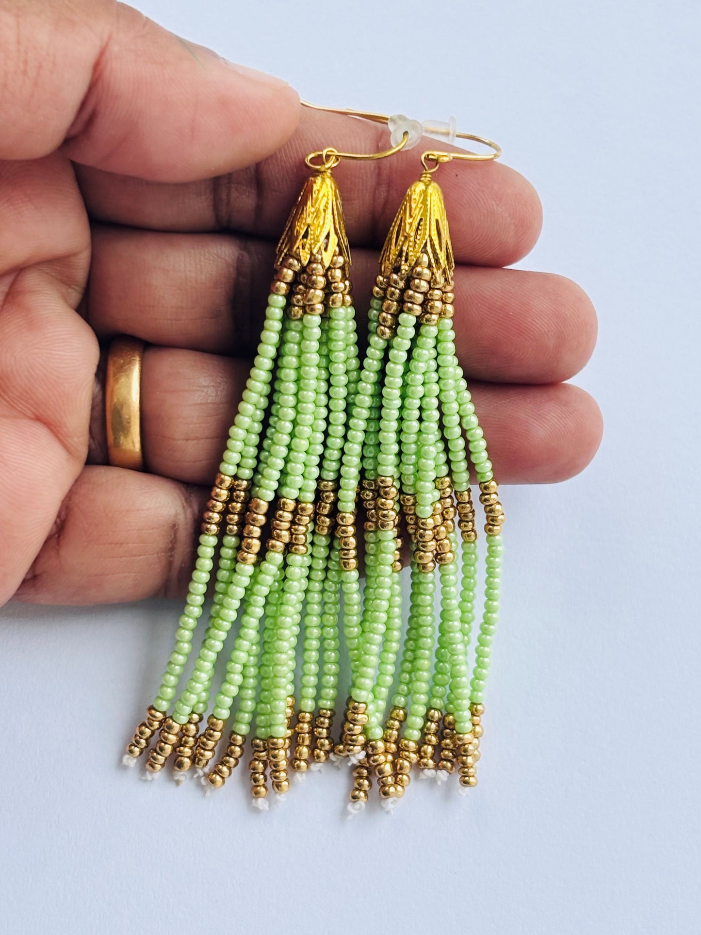 Handmade Green and Gold Beaded Tassel Earrings