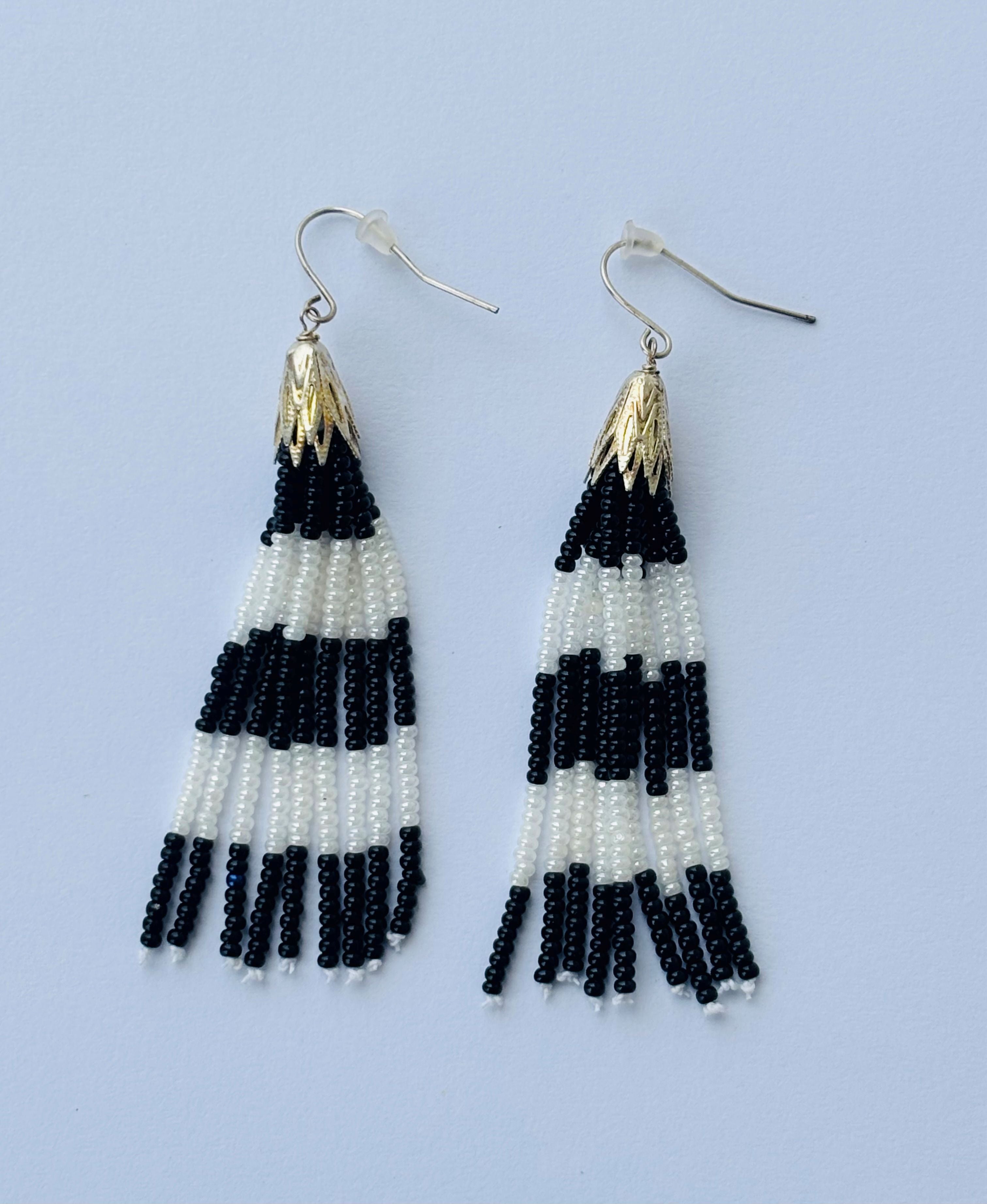 Handmade Black and White Striped Beaded Tassel Earrings