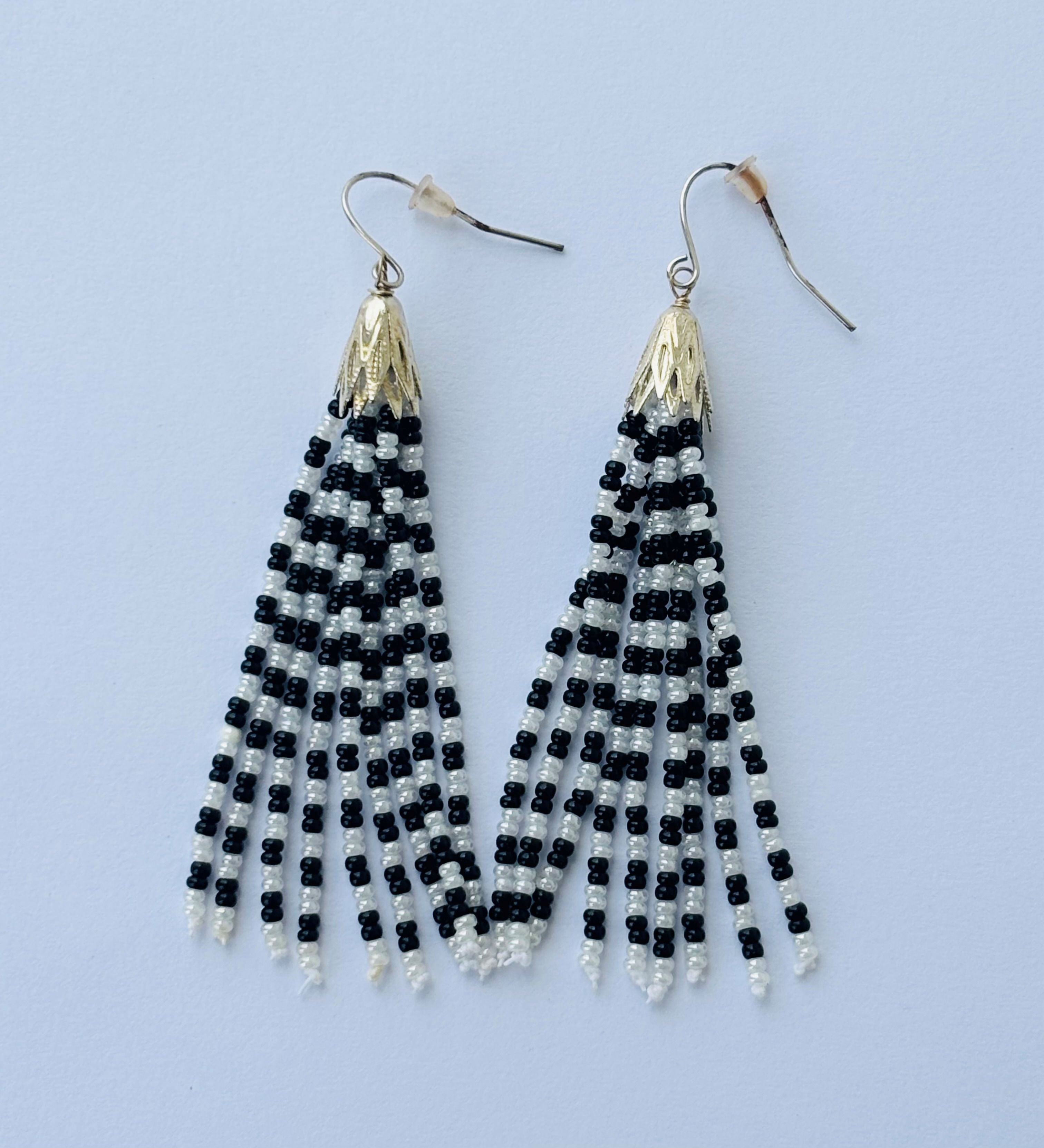Handmade Black and White Checkered Beaded Tassel Earrings