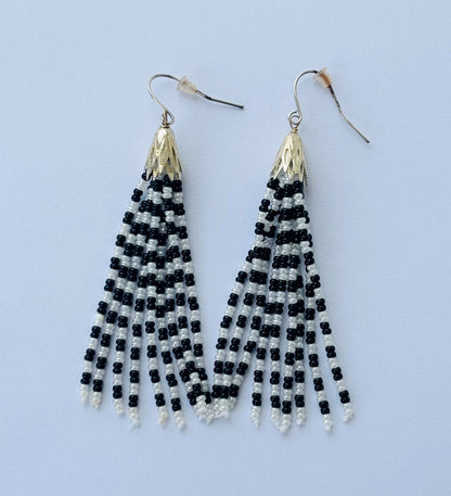 Handmade Black and White Checkered Beaded Tassel Earrings