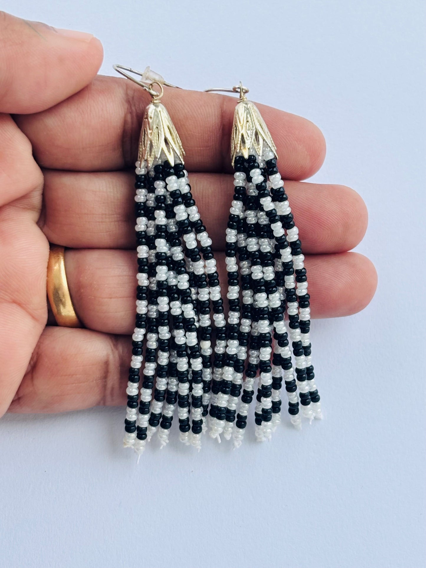 Handmade Black and White Checkered Beaded Tassel Earrings