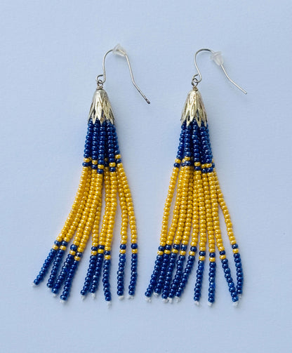 Handmade Blue and Mustard Yellow Beaded Tassel Earrings