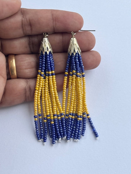 Handmade Blue and Mustard Yellow Beaded Tassel Earrings