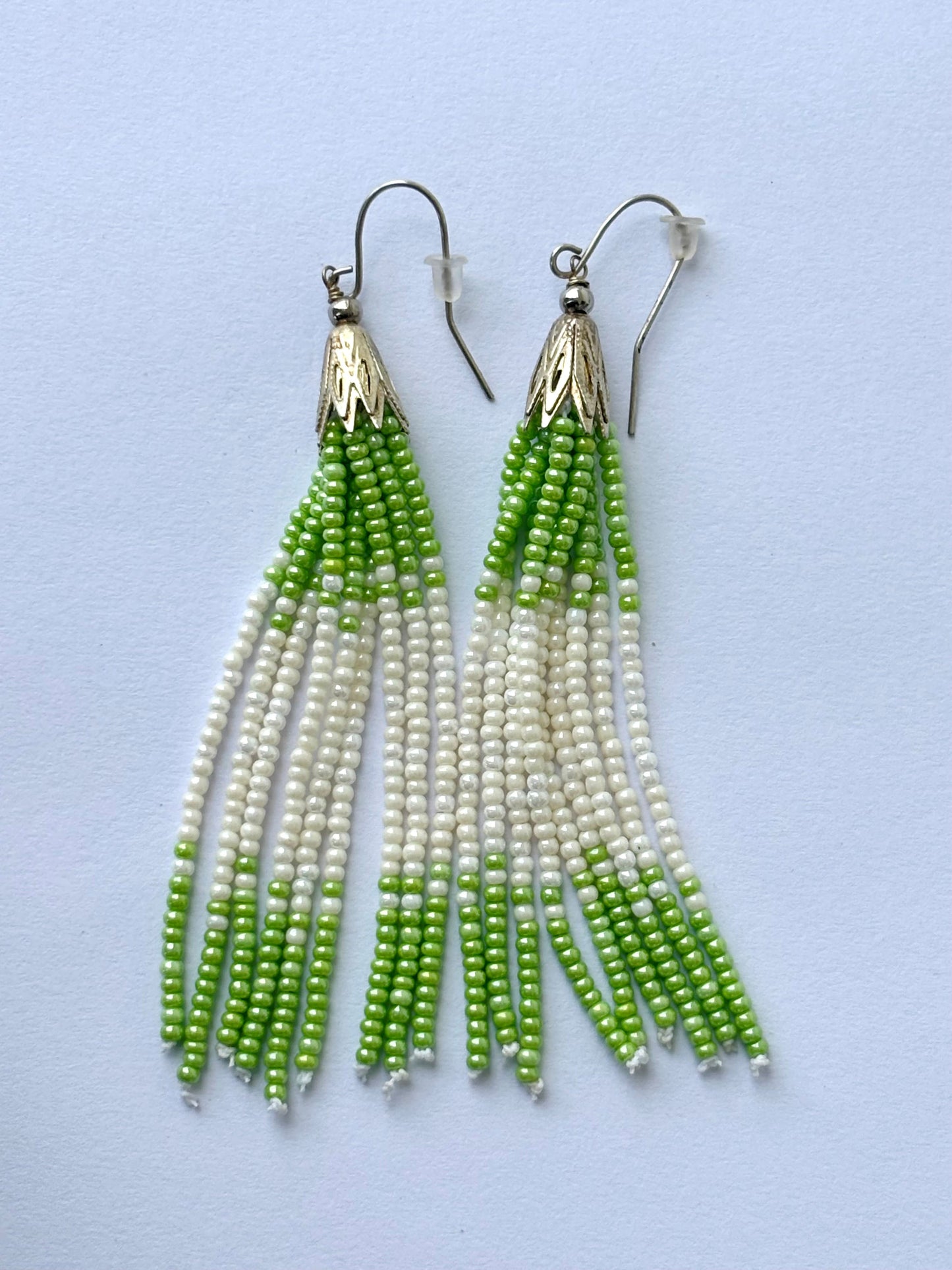 Handmade Green and White Beaded Tassel Earrings