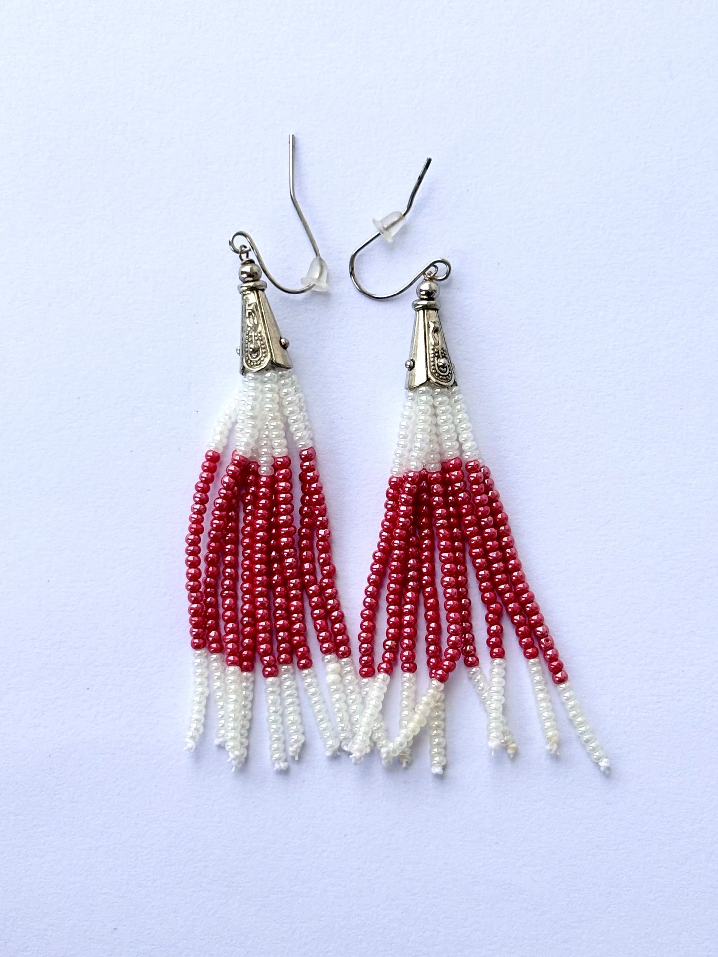 Handmade Red and White Beaded Tassel Earrings