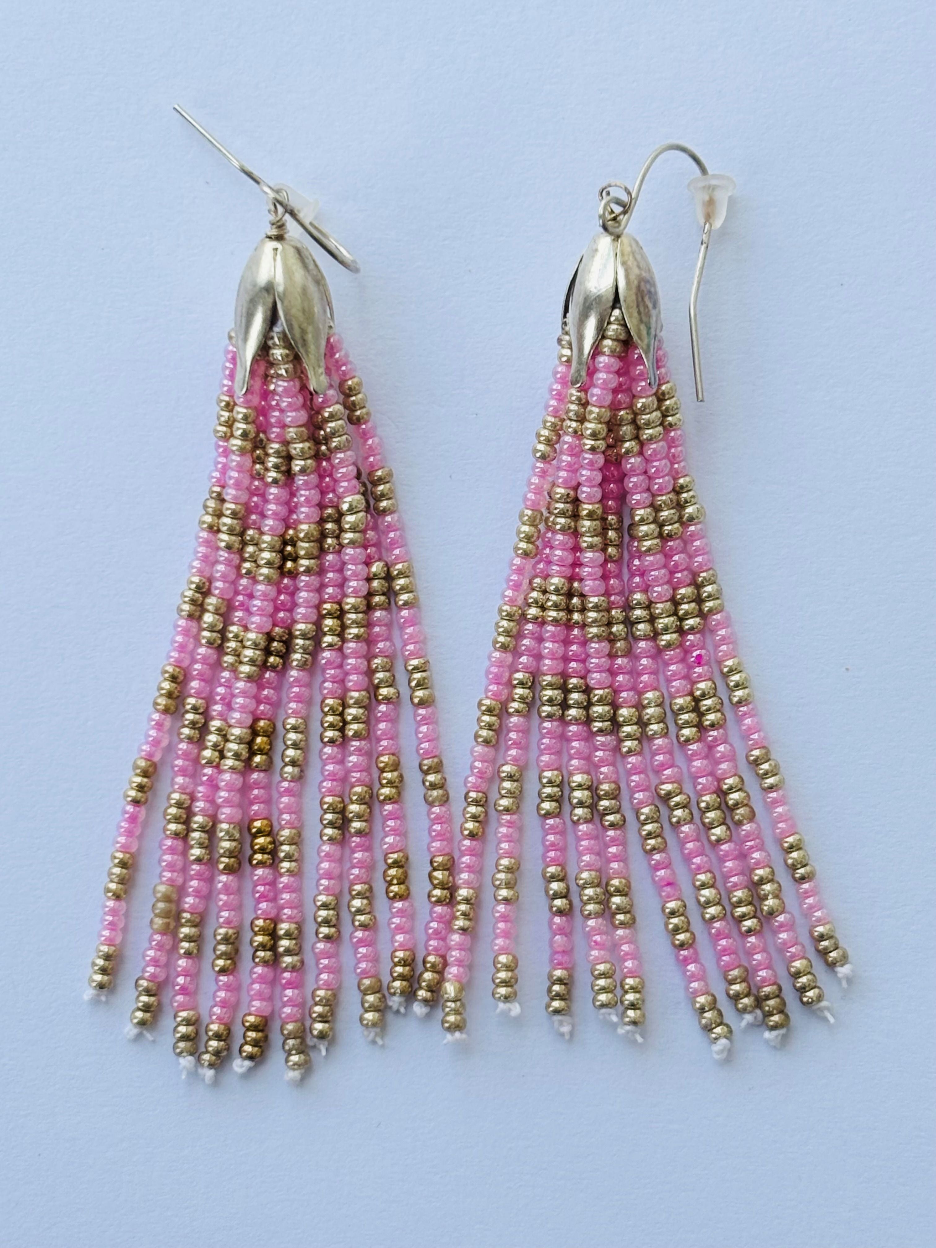 Handmade Pink and Silver Beaded Tassel Earrings