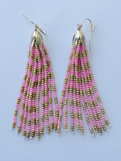 Handmade Pink and Silver Beaded Tassel Earrings