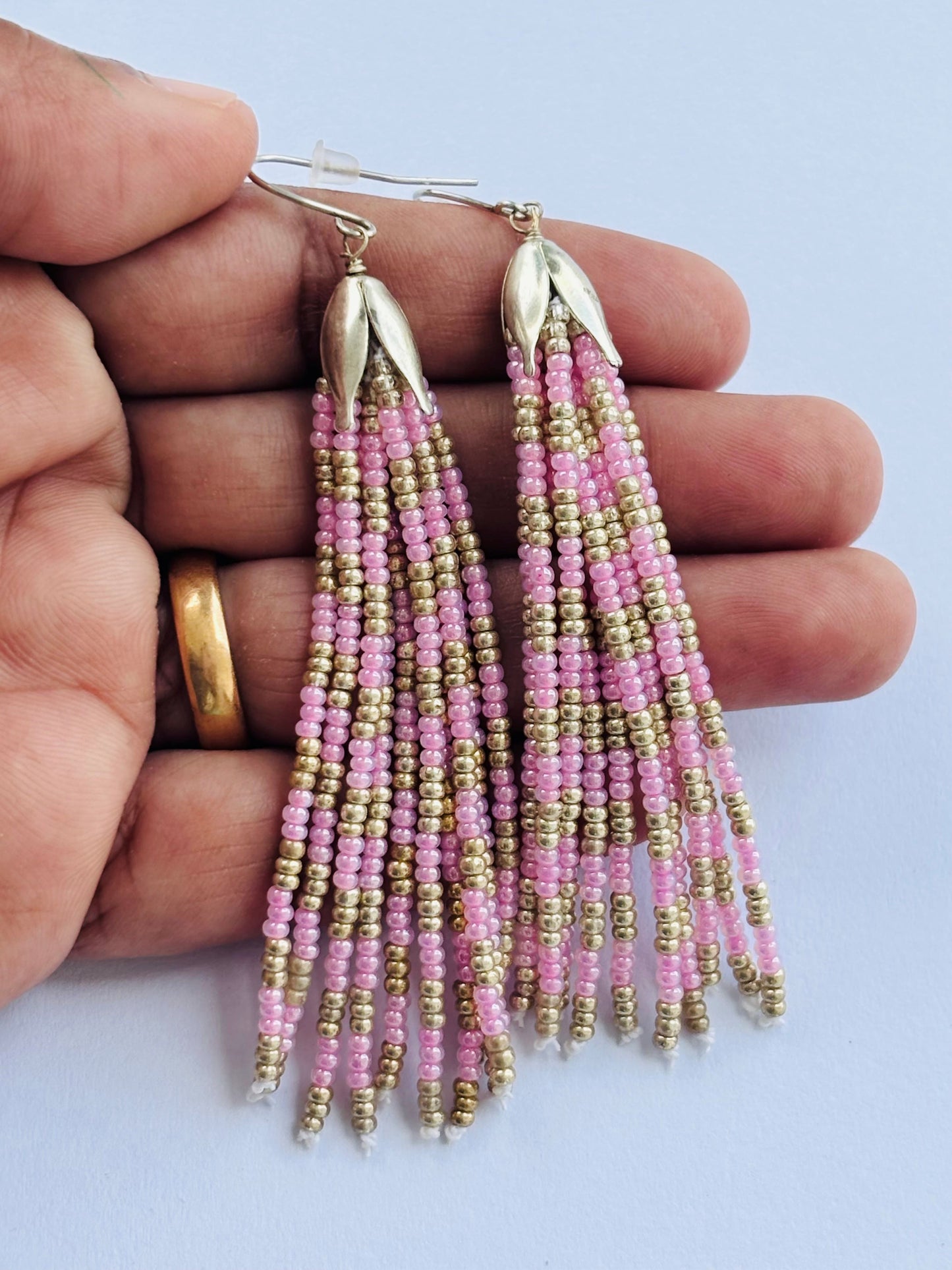 Handmade Pink and Silver Beaded Tassel Earrings