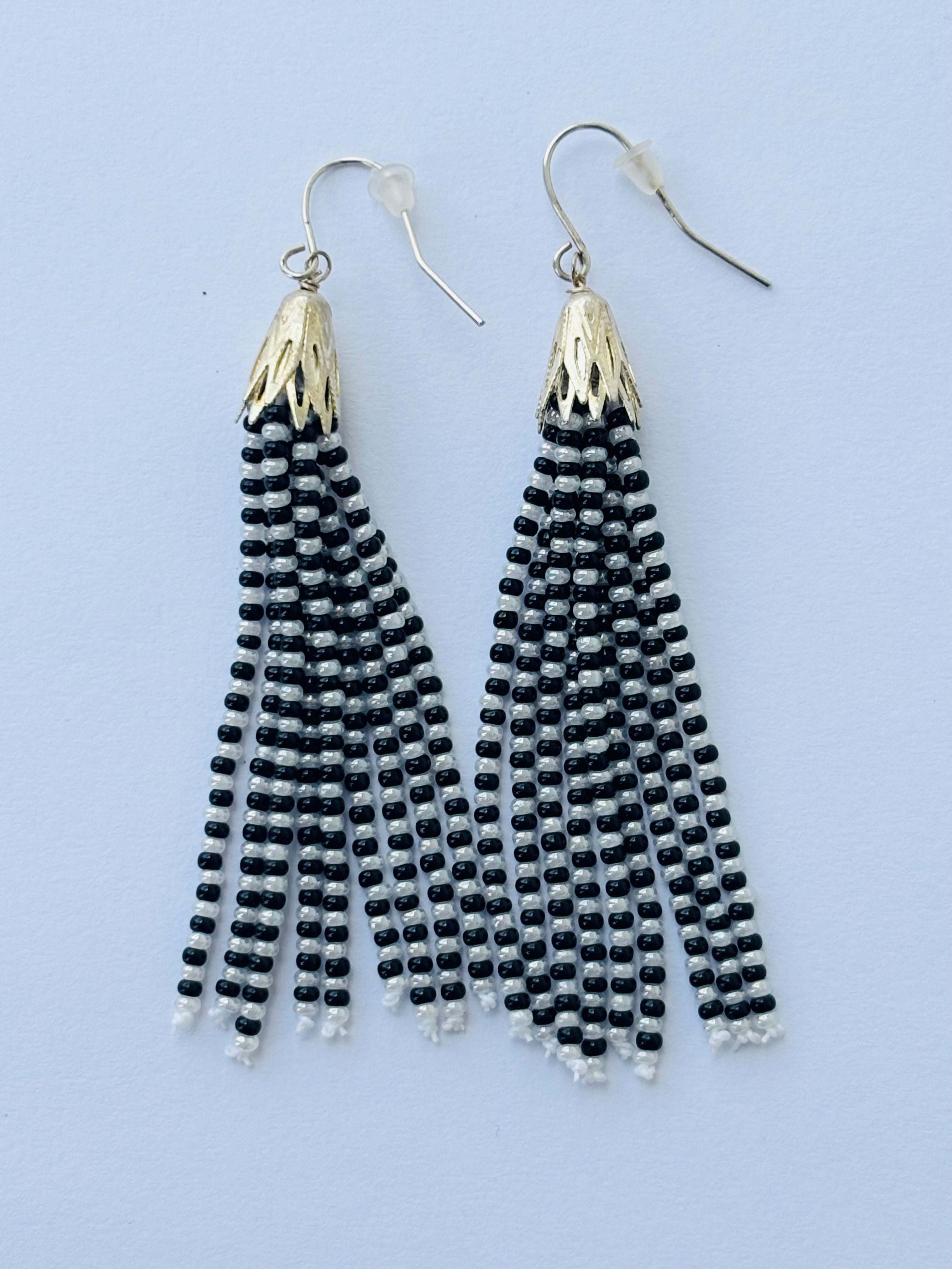 Handmade Black and White Beaded Tassel Earrings
