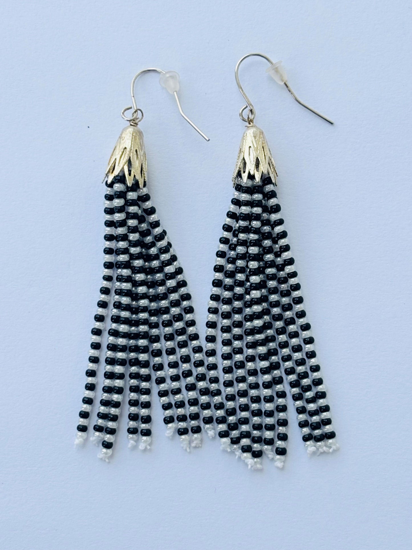 Handmade Black and White Beaded Tassel Earrings